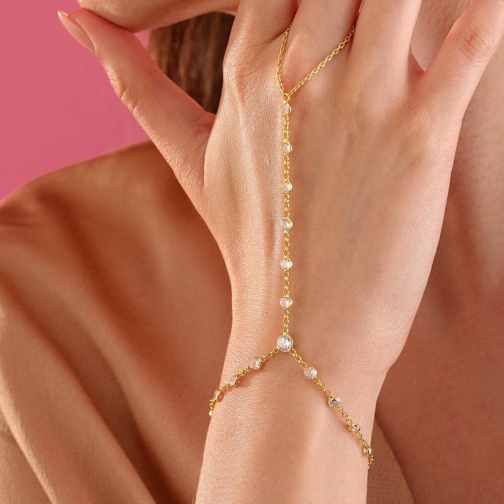 Elegant 14K Gold Hand Chain Bracelet Set for Her 925 sterling silver